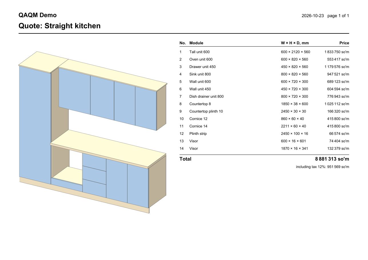 Client quote PDF: 3D picture, units and prices