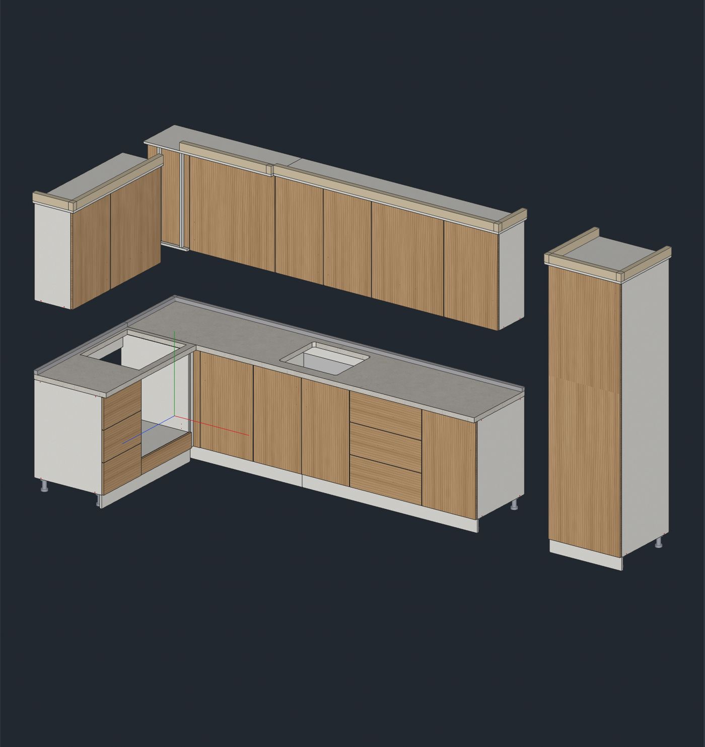 QAQM: an L-shaped kitchen in 3D — oak fronts, white carcass, stone countertop with sink and hob cut-outs