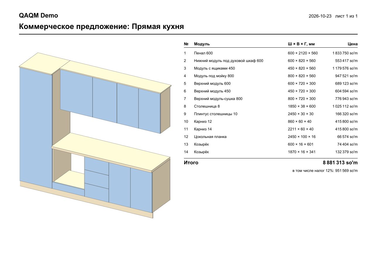 Коммерческое предложение PDF: 3D-изображение, модули и цены